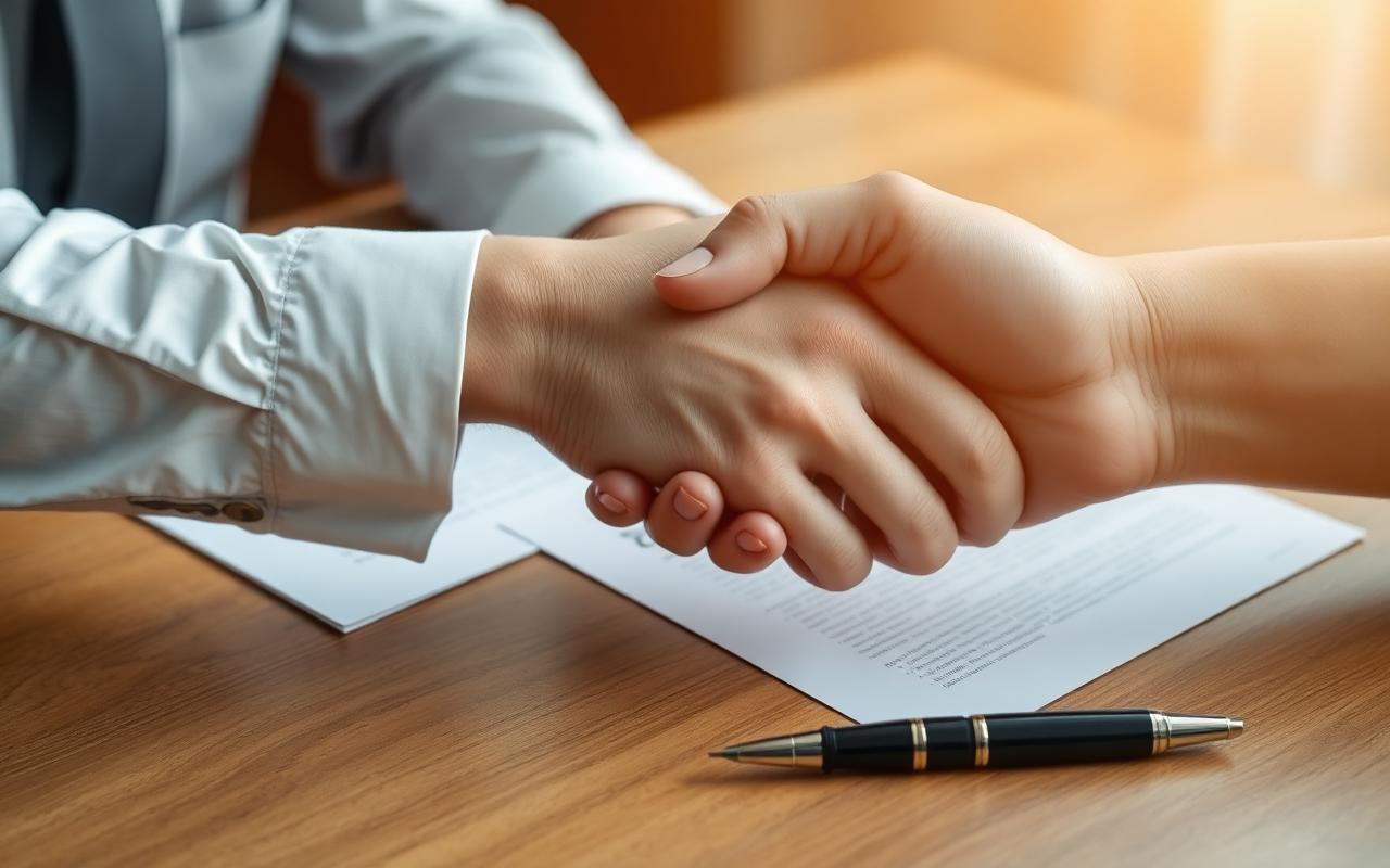 Business sale handshake and contracts
